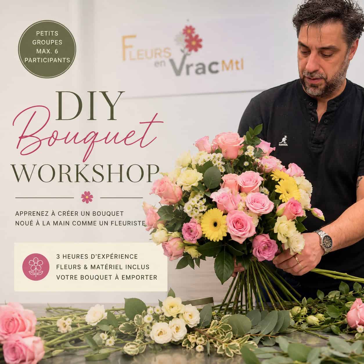DIY bouquet workshop at Fleurs en Vrac MTL with florist creating a hand-tied bouquet using roses and fresh flowers.