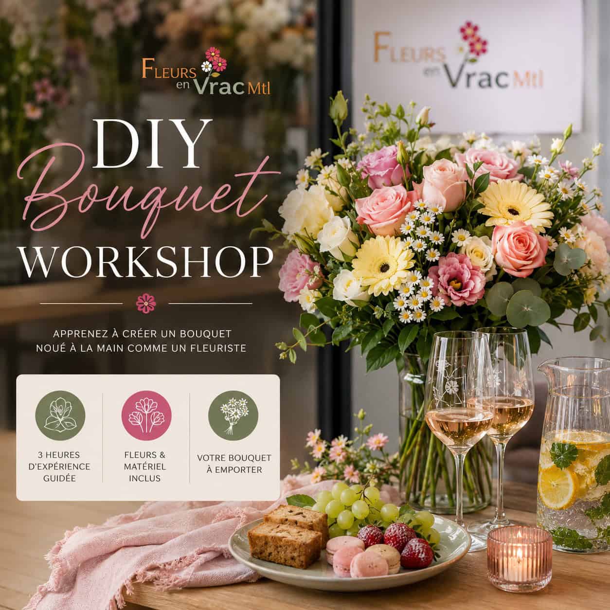 DIY bouquet workshop with refreshments and floral arrangement experience at Fleurs en Vrac MTL in Montreal.